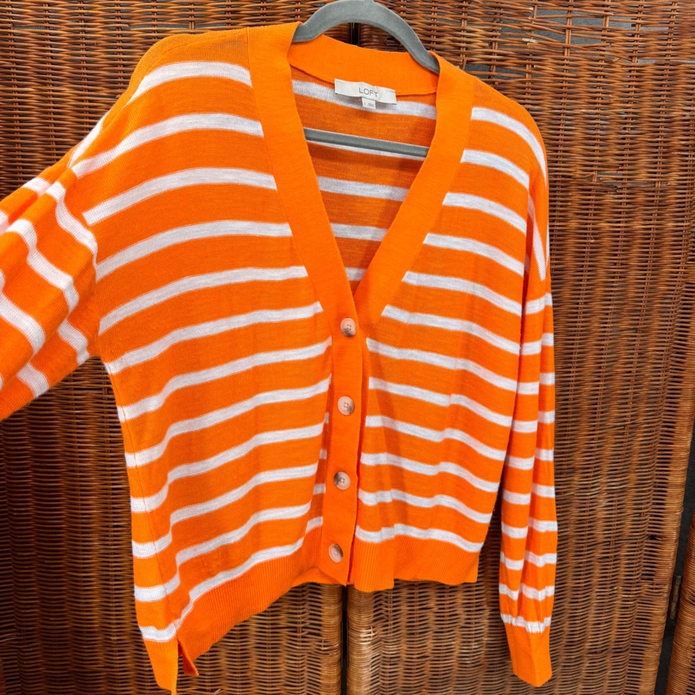 LOFT Small Orange White Striped V-Neck Button Front Cardigan Sweater